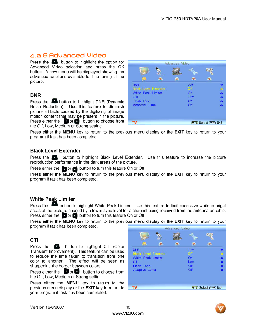 Vizio P50 HDTV20A user manual Advanced Video, Dnr 