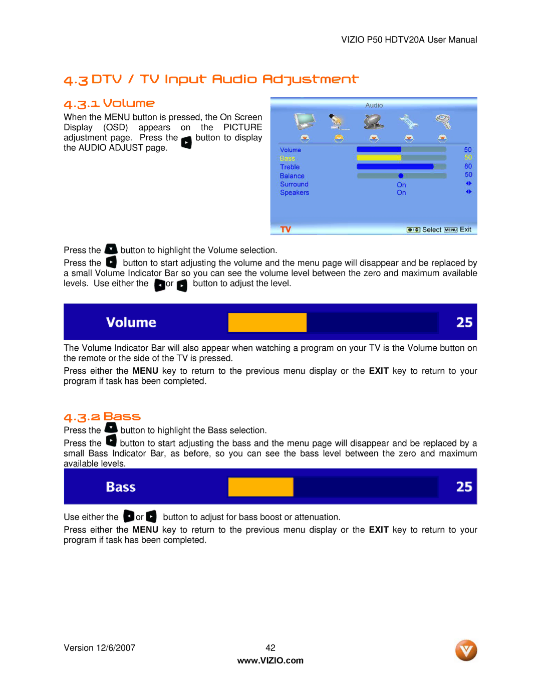 Vizio P50 HDTV20A user manual DTV / TV Input Audio Adjustment, Volume, Bass 