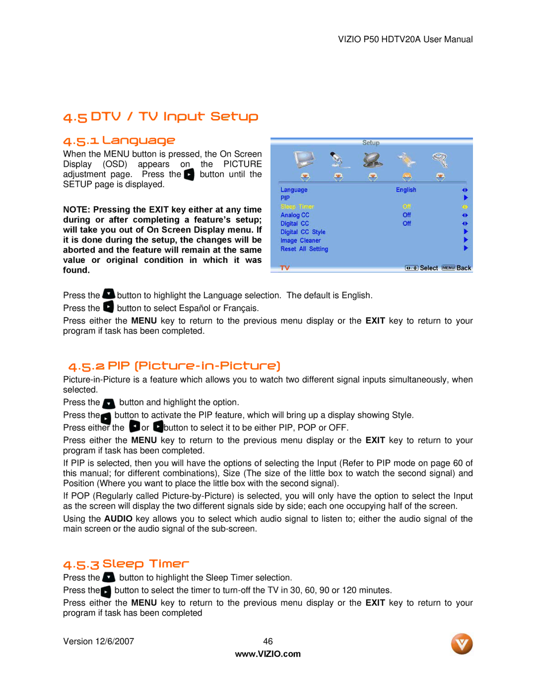 Vizio P50 HDTV20A user manual DTV / TV Input Setup, Language, PIP Picture-in-Picture, Sleep Timer 