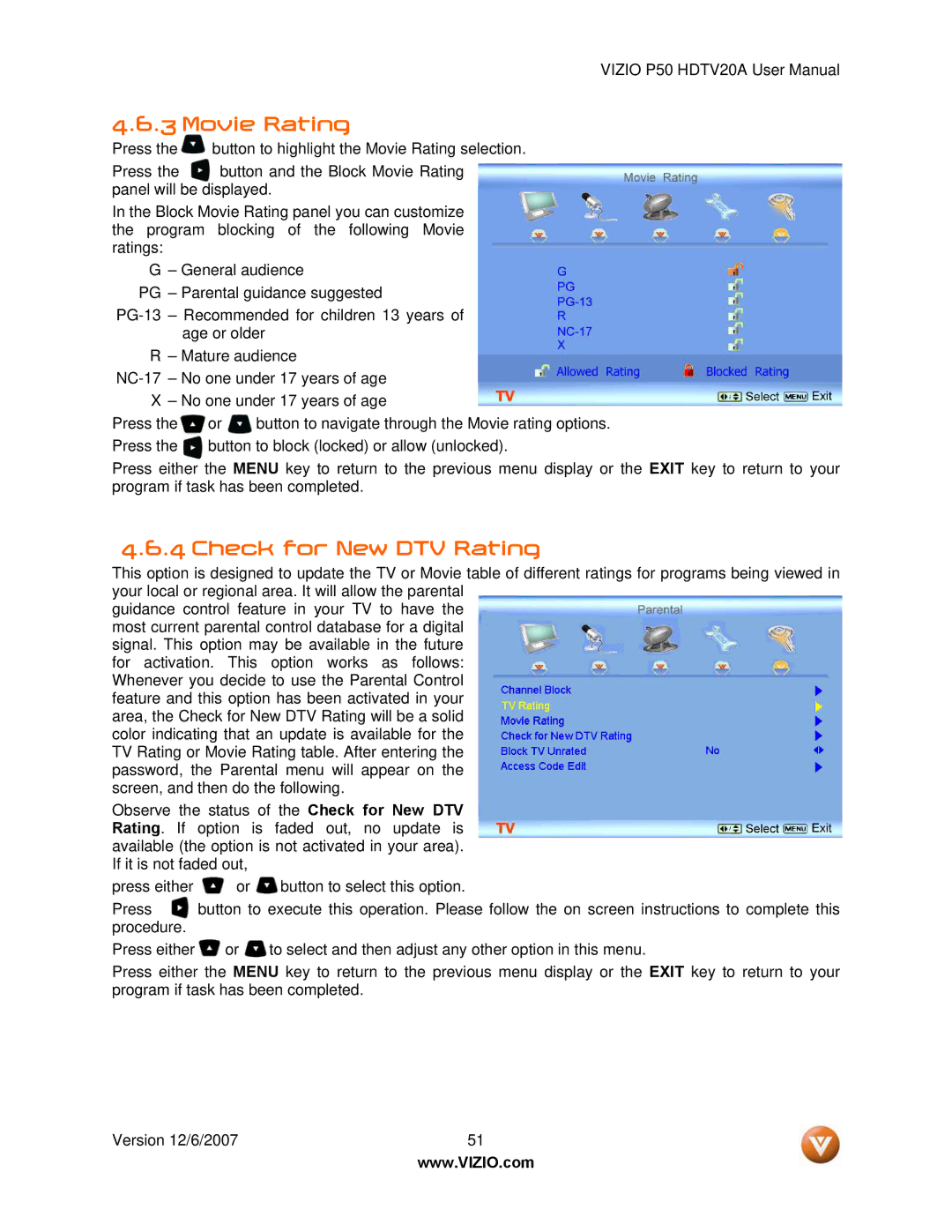 Vizio P50 HDTV20A user manual Movie Rating, Check for New DTV Rating 