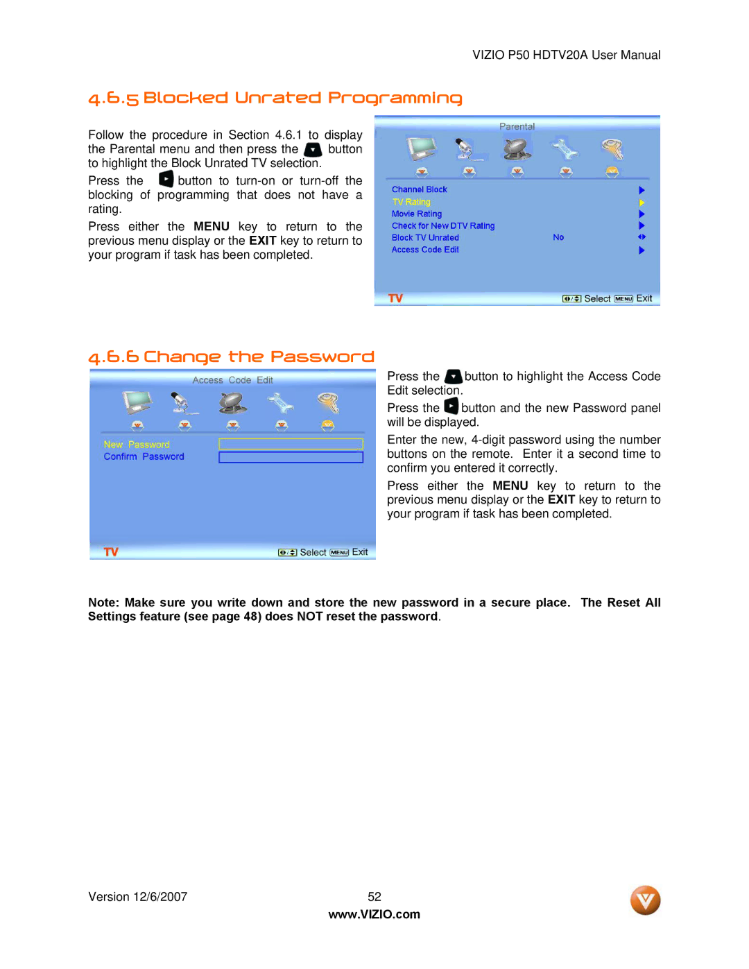Vizio P50 HDTV20A user manual Blocked Unrated Programming, Change the Password 