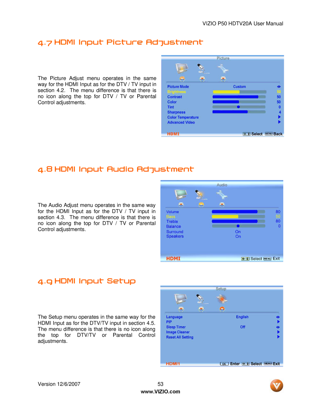 Vizio P50 HDTV20A user manual Hdmi Input Picture Adjustment, Hdmi Input Audio Adjustment, Hdmi Input Setup 