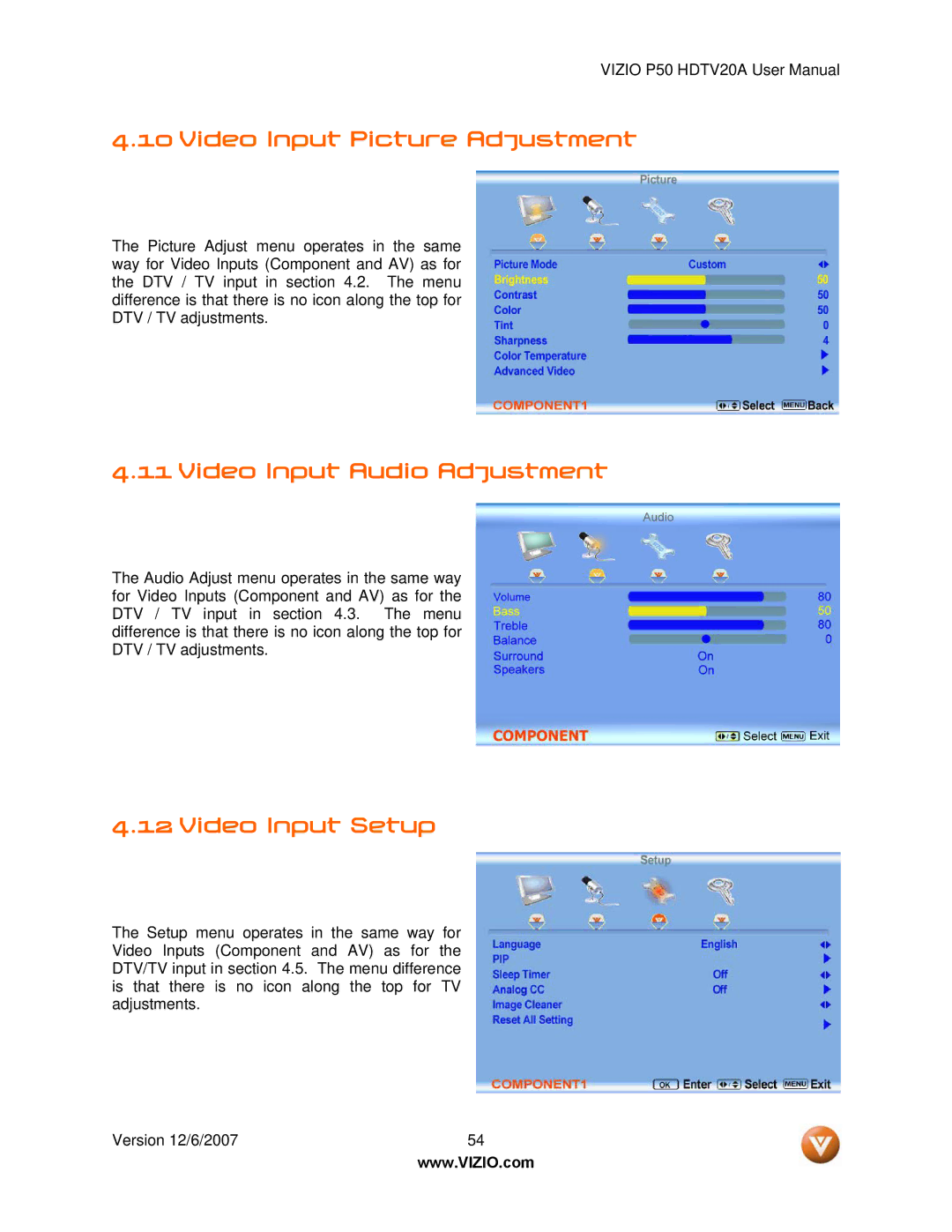 Vizio P50 HDTV20A user manual Video Input Picture Adjustment, Video Input Audio Adjustment, Video Input Setup 