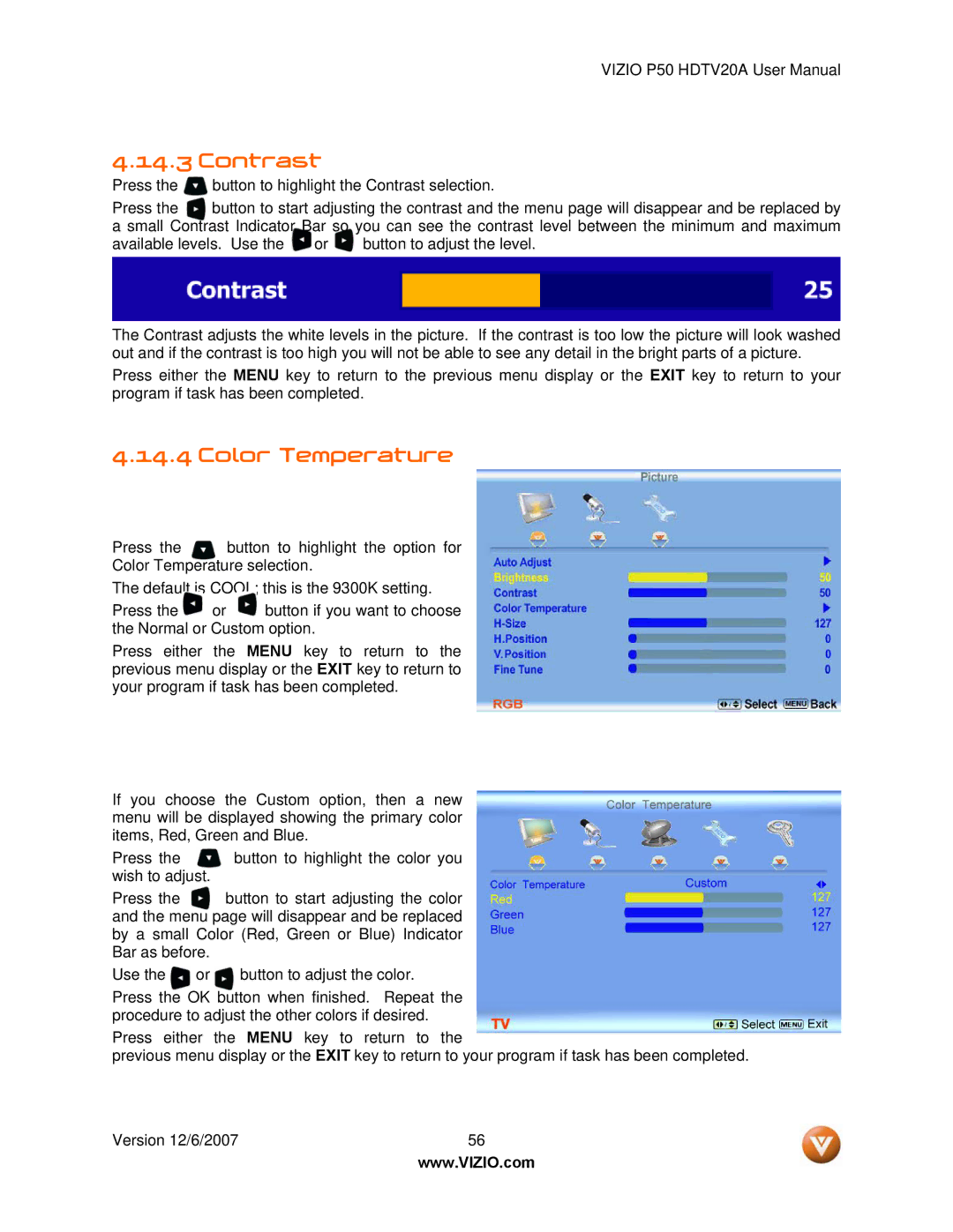 Vizio P50 HDTV20A user manual Contrast 