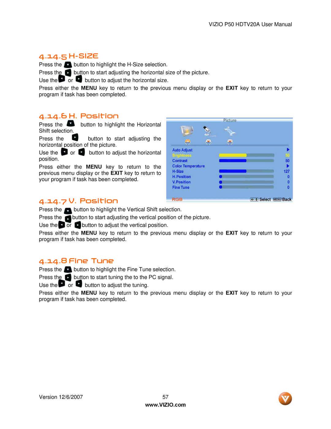 Vizio P50 HDTV20A user manual Size, 14.6 H. Position, 14.7 V. Position, Fine Tune 