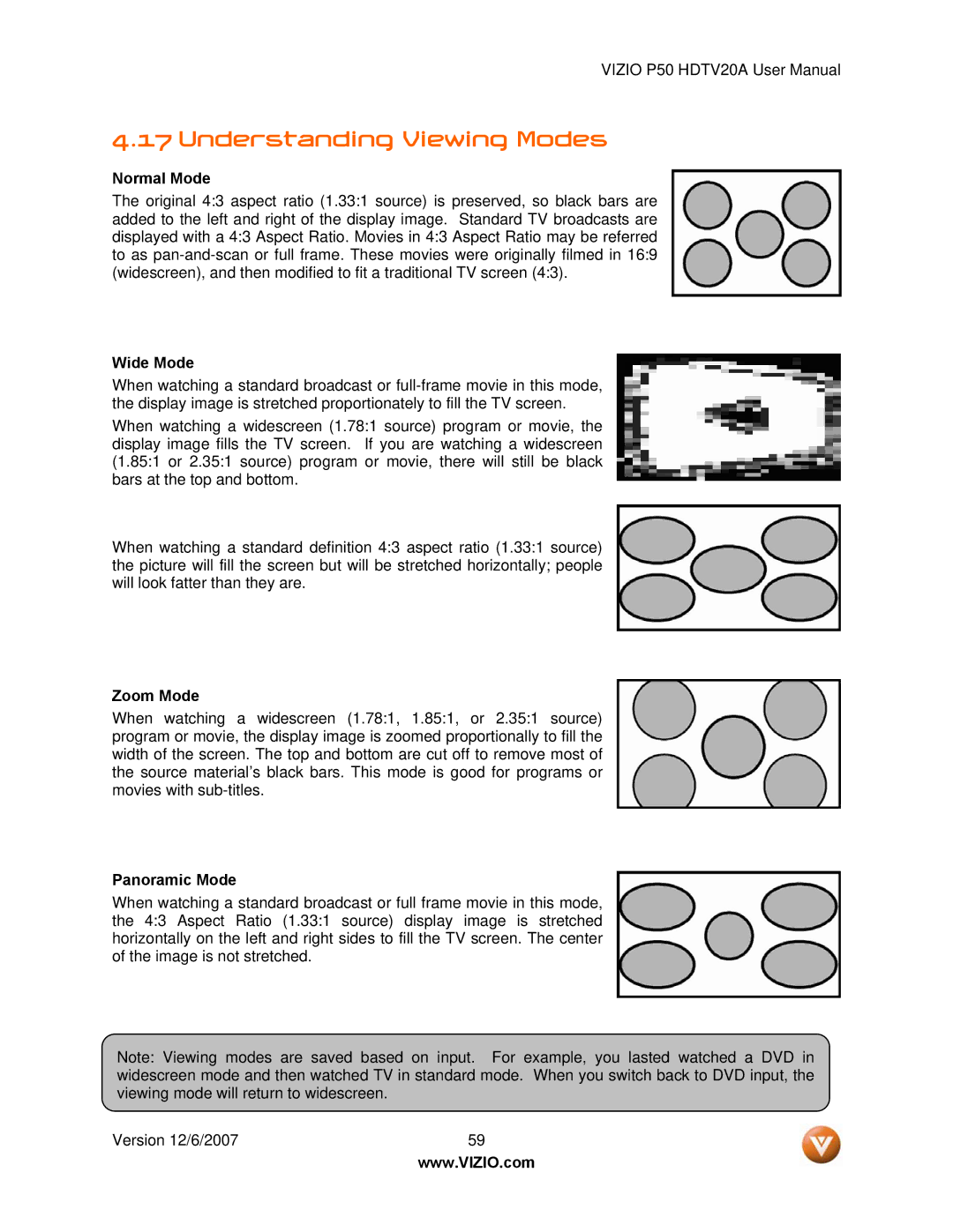 Vizio P50 HDTV20A user manual Understanding Viewing Modes, Normal Mode, Wide Mode, Zoom Mode, Panoramic Mode 