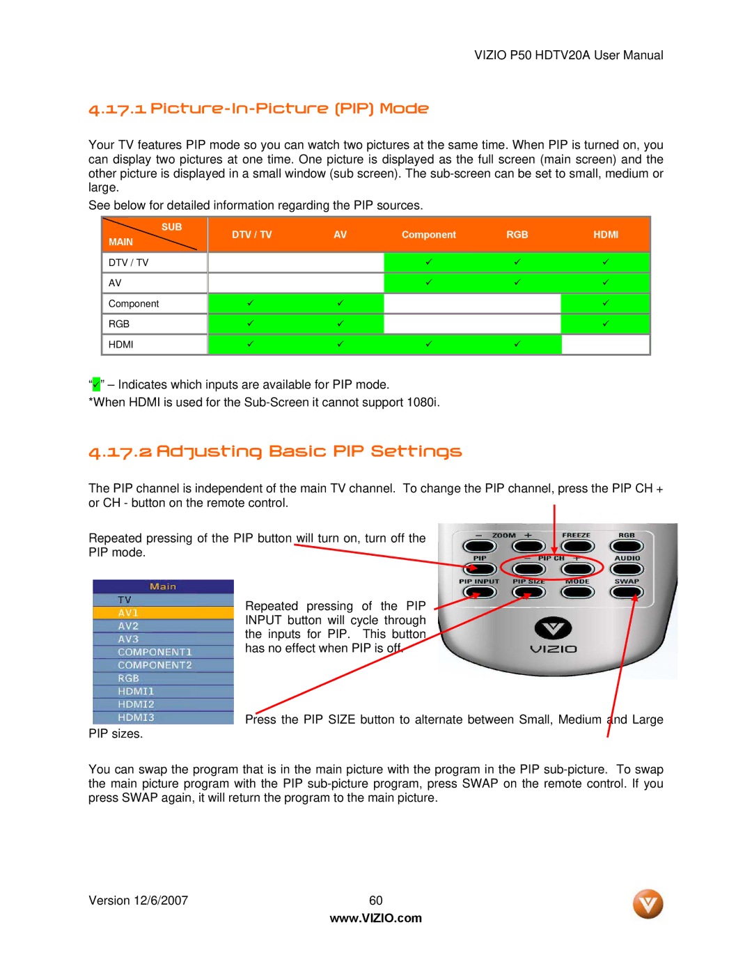 Vizio P50 HDTV20A user manual Adjusting Basic PIP Settings, Picture-In-Picture PIP Mode 