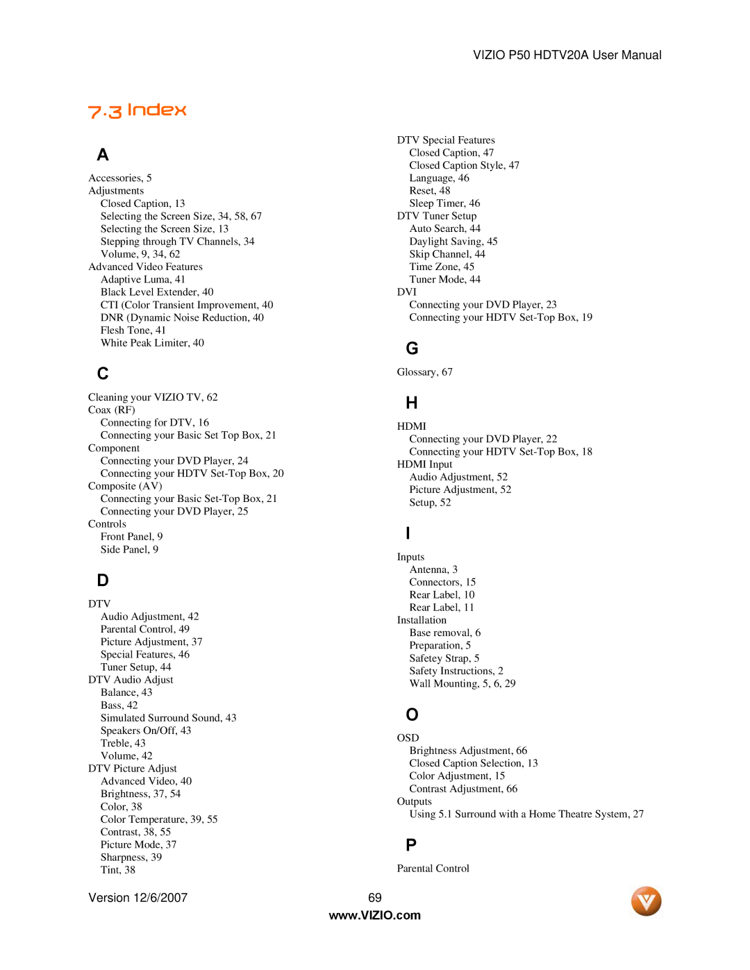 Vizio P50 HDTV20A user manual Index, Dtv 