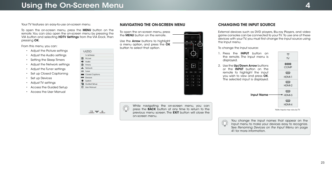 Vizio P502ui-B1E user manual Using the On-Screen Menu, Navigating the ON-SCREEN Menu, Changing the Input Source 