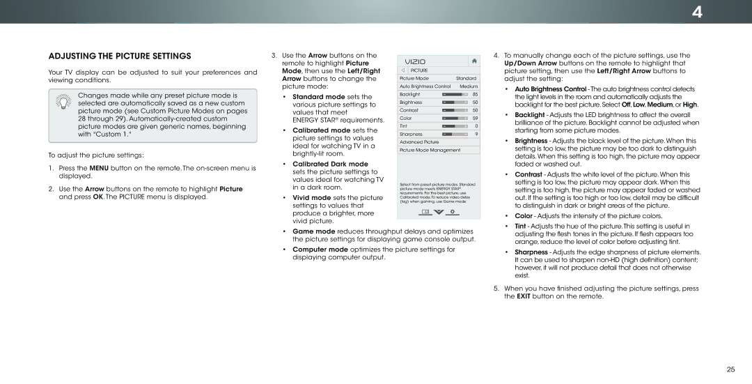 Vizio P502ui-B1E user manual Adjusting the Picture Settings 