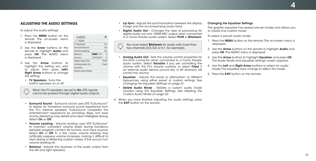 Vizio P502ui-B1E user manual Adjusting the Audio Settings, Changing the Equalizer Settings on 