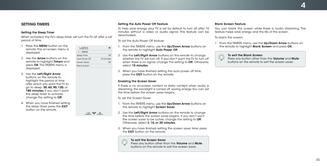 Vizio P502ui-B1E user manual Setting Timers 