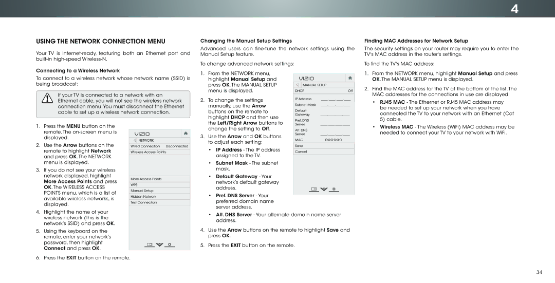 Vizio P502ui-B1E user manual Using the Network Connection Menu 