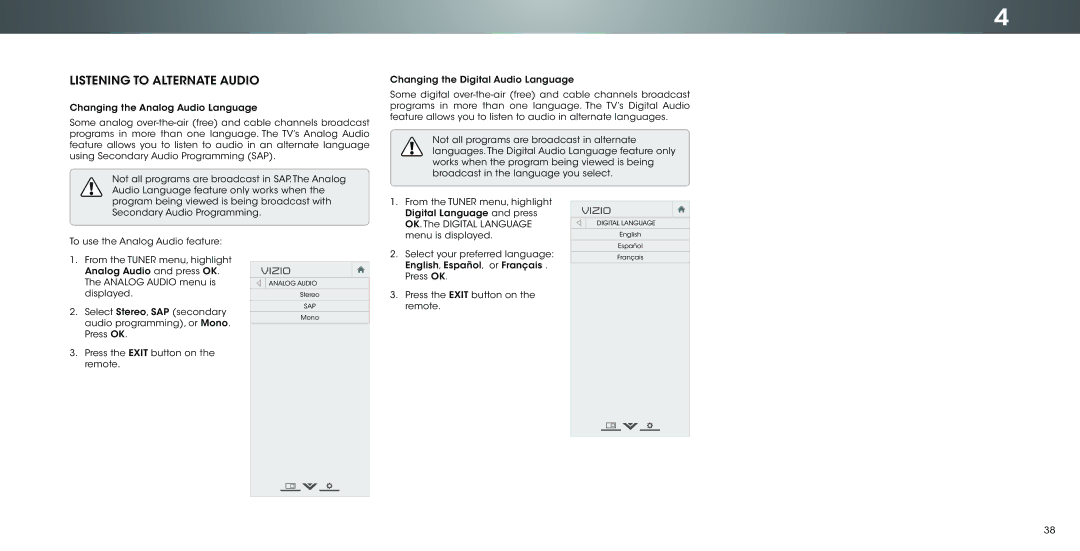 Vizio P502ui-B1E user manual Listening to Alternate Audio 