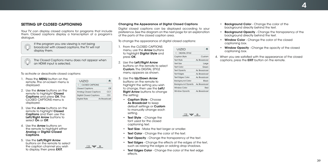 Vizio P502ui-B1E user manual Setting UP Closed Captioning 