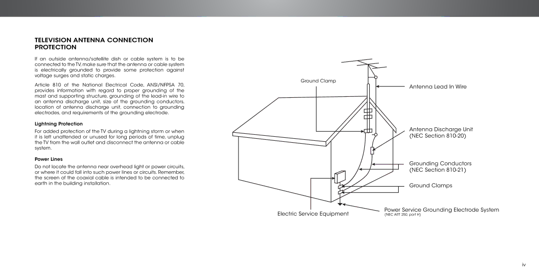 Vizio P502ui-B1E user manual Television Antenna Connection Protection 