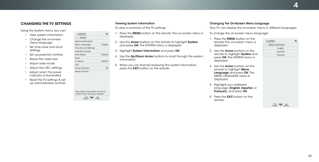 Vizio P502ui-B1E user manual Changing the TV Settings, System 