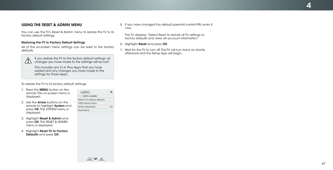 Vizio P502ui-B1E user manual Using the Reset & Admin Menu 