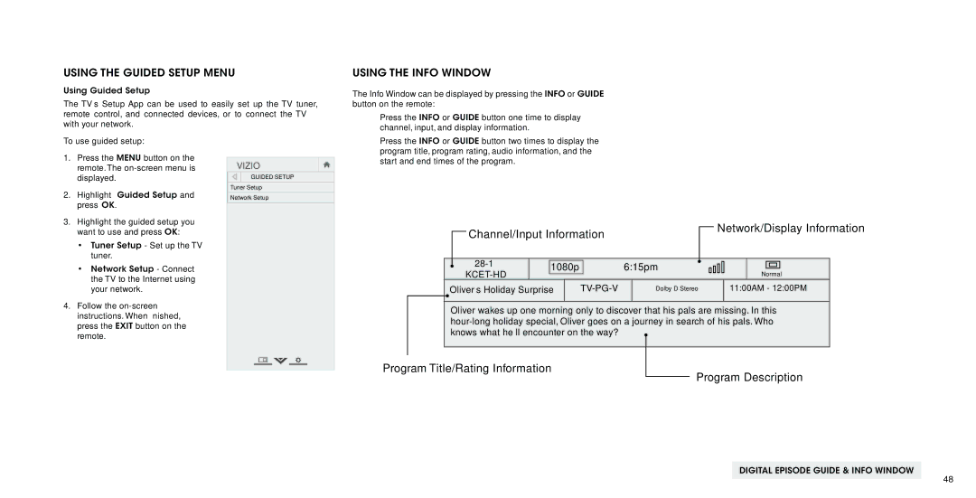 Vizio P502ui-B1E user manual Using the Guided Setup Menu, Using the Info Window 