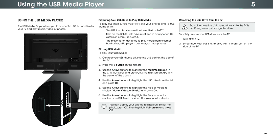 Vizio P502ui-B1E user manual Using the USB Media Player 