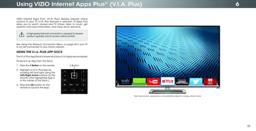 Vizio P502ui-B1E user manual Using Vizio Internet Apps Plus V.I.A. Plus, Using the V.I.A. Plus APP Dock 