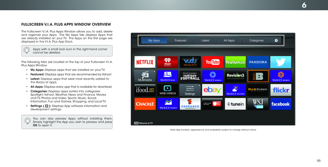 Vizio P502ui-B1E user manual Fullscreen V.I.A. Plus Apps Window Overview 