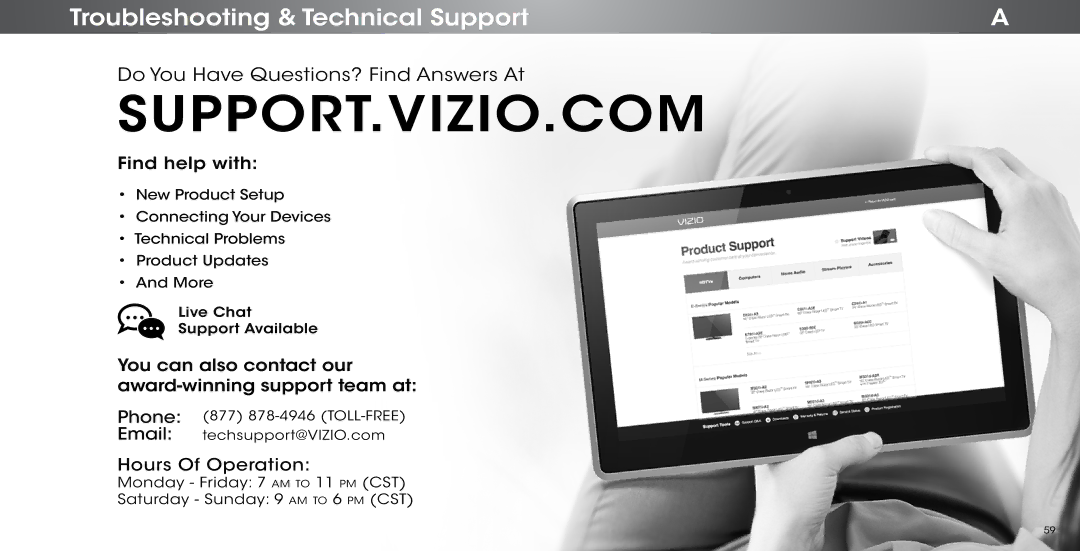 Vizio P502ui-B1E user manual Support.Vizio.Com, Troubleshooting & Technical Support 