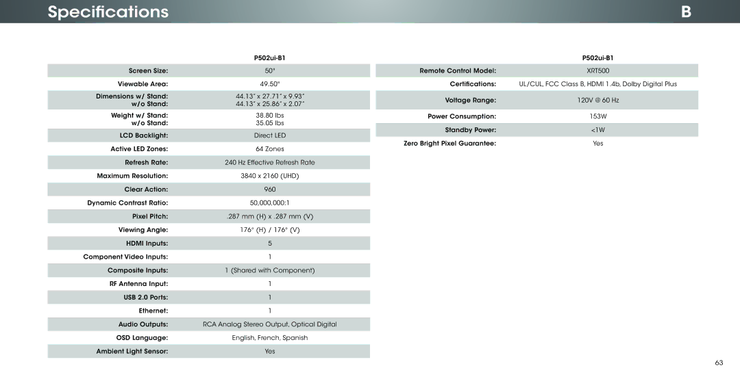 Vizio P502ui-B1E user manual Specifications 