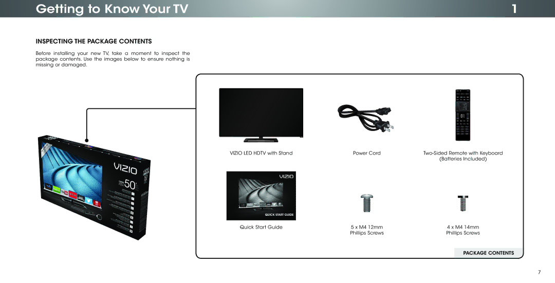 Vizio P502ui-B1E user manual Getting to Know Your TV, Inspecting the Package Contents 