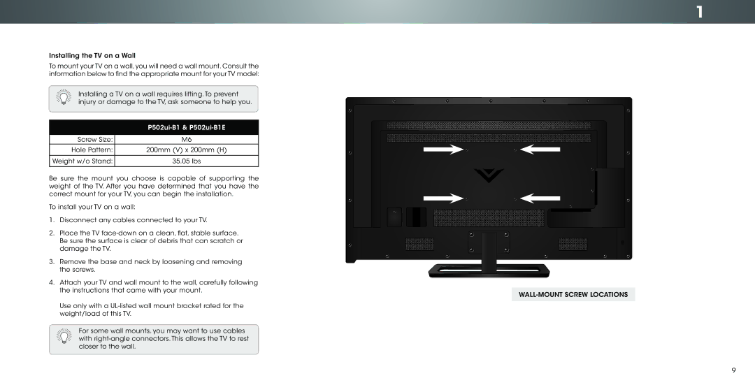 Vizio P502ui-B1E user manual WALL-MOUNT Screw Locations 