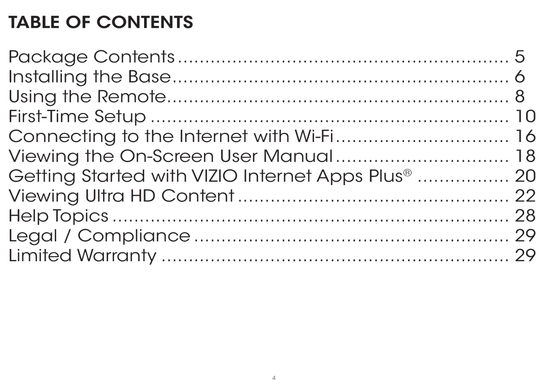 Vizio P502ui-B1E quick start Table of Contents 