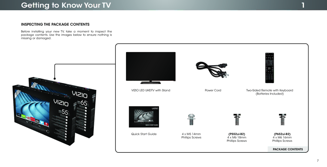 Vizio P552ui-B2, P652ui-B2 user manual Getting to Know Your TV, Inspecting the Package Contents 