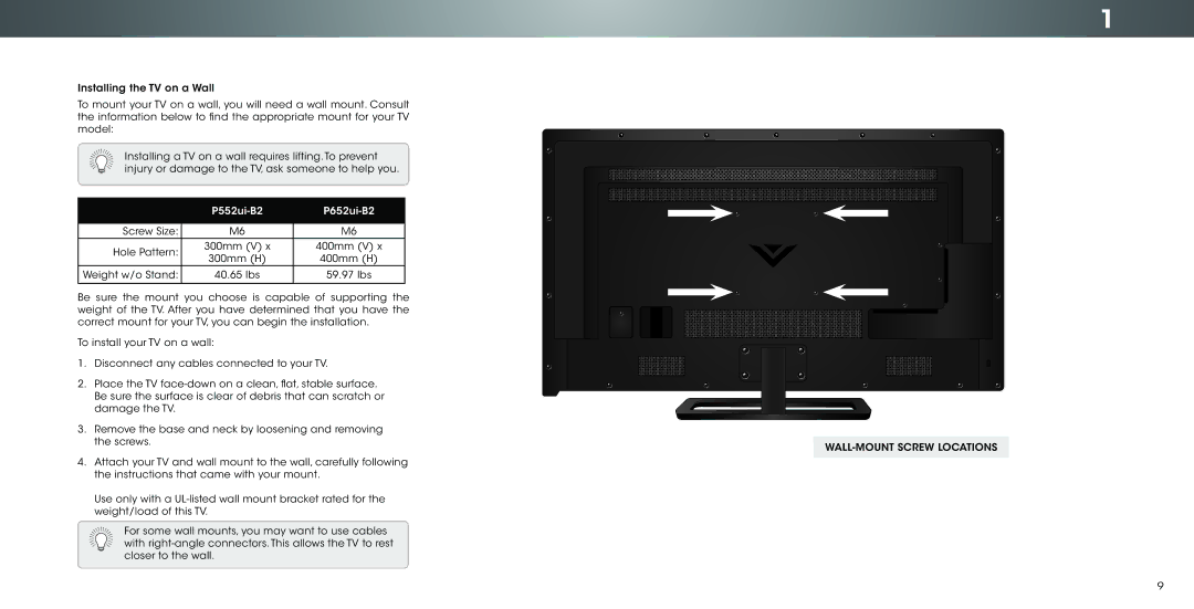 Vizio P552ui-B2, P652ui-B2 user manual WALL-MOUNT Screw Locations 