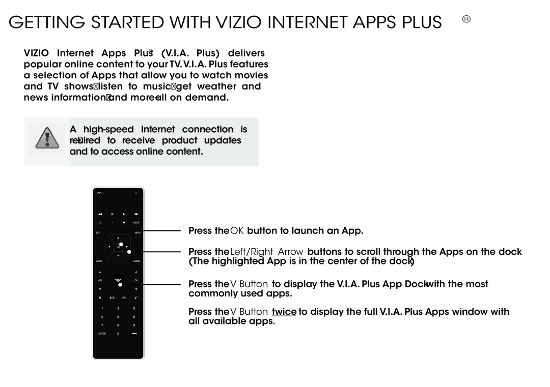 Vizio P652ui-B2, P552ui-B2 quick start Getting Started with Vizio Internet Apps Plus 