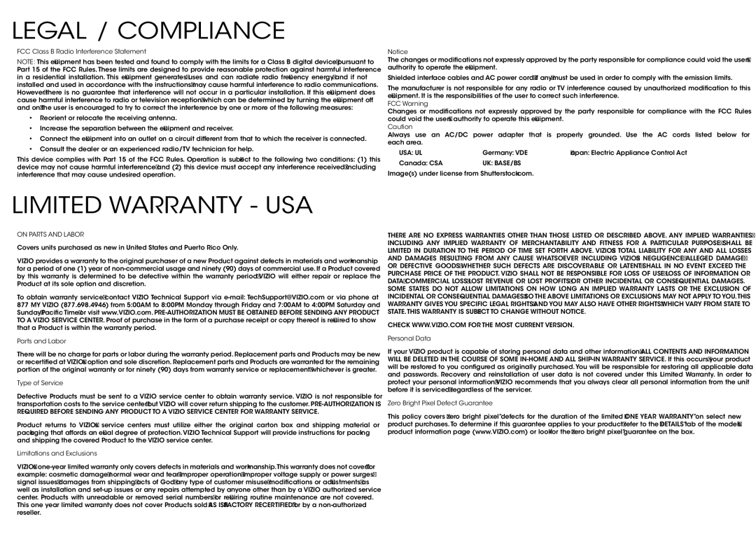 Vizio P552ui-B2, P652ui-B2 quick start Legal / Compliance, Limited Warranty USA 