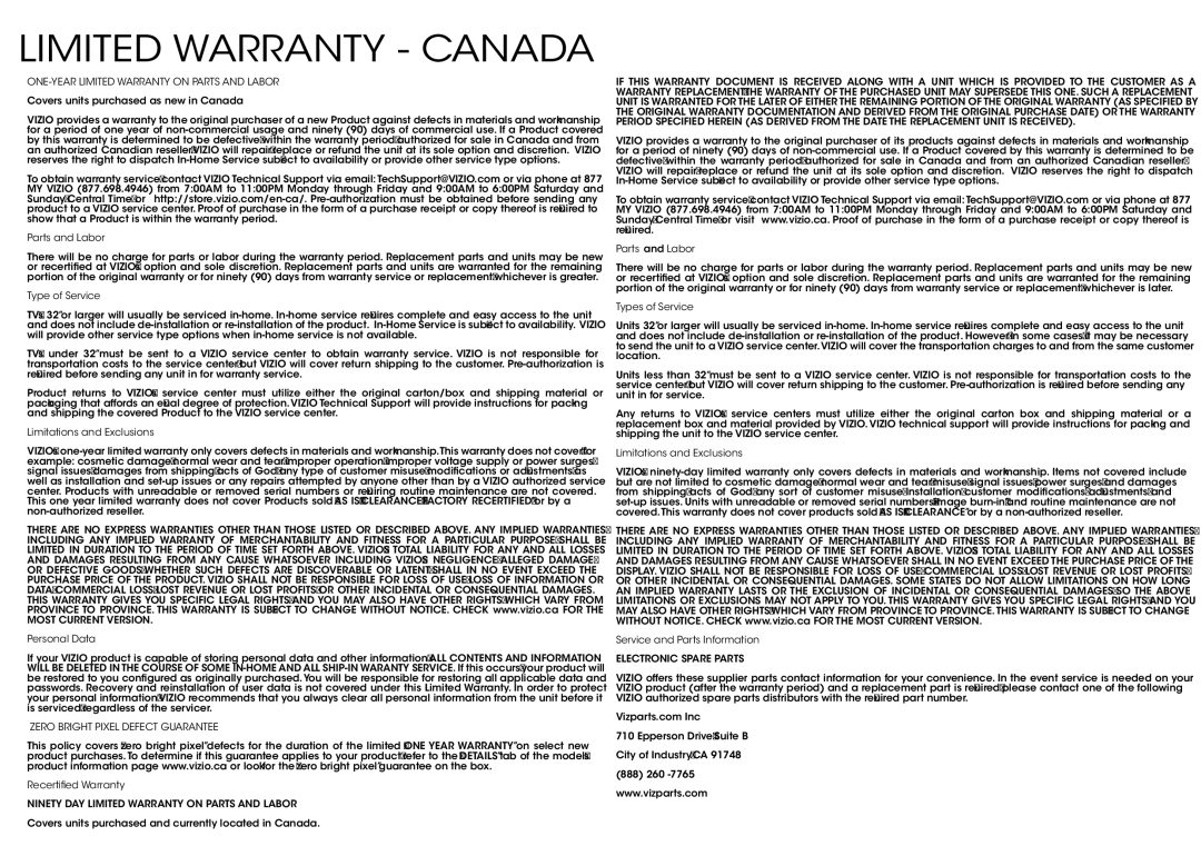 Vizio P652ui-B2, P552ui-B2 quick start Limited Warranty Canada, ONE-YEAR Limited Warranty on Parts and Labor 