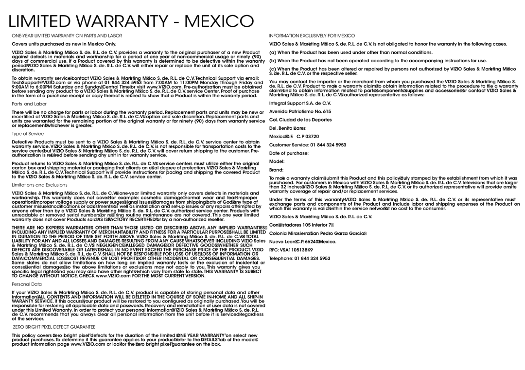 Vizio P552ui-B2, P652ui-B2 quick start Limited Warranty Mexico 