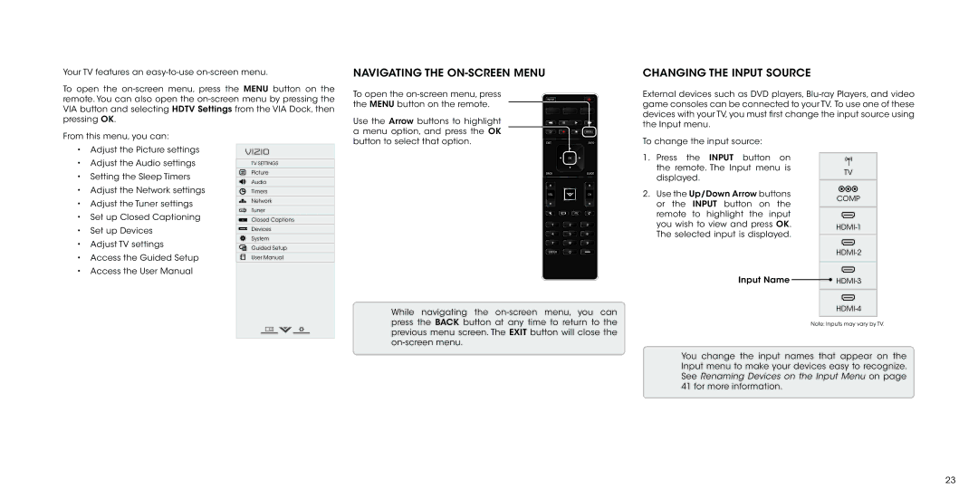 Vizio P602ui-B3, P702ui-B3 user manual Using the On-Screen Menu, Navigating the ON-SCREEN Menu, Changing the Input Source 