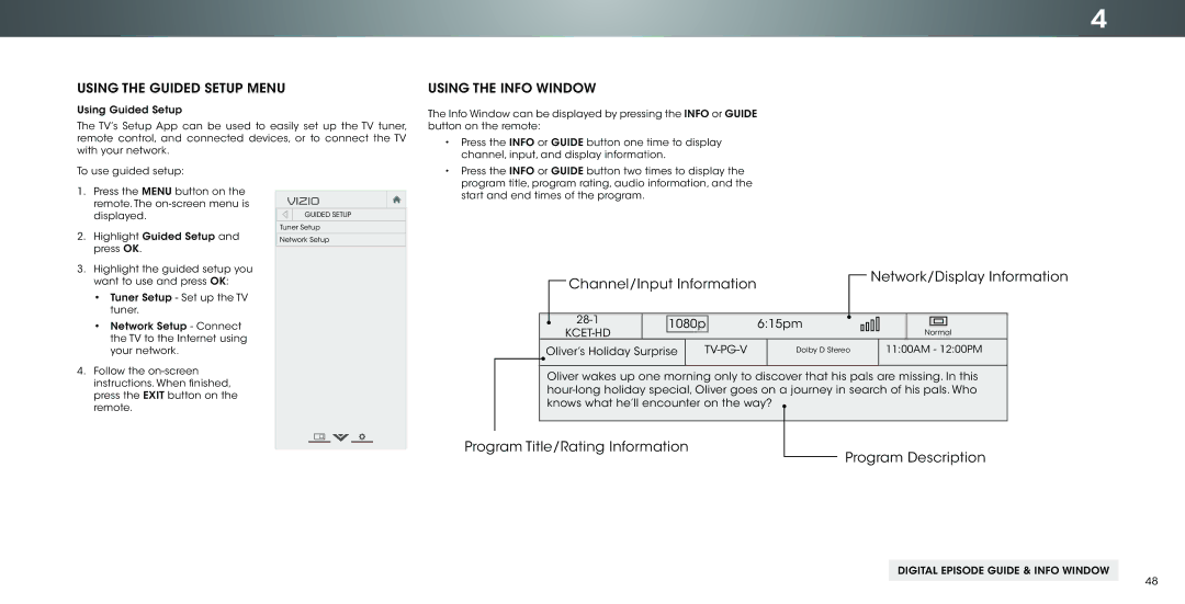 Vizio P702ui-B3, P602ui-B3 user manual Using the Guided Setup Menu, Using the Info Window 