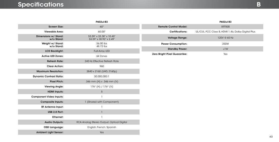 Vizio P602ui-B3, P702ui-B3 user manual Specifications 