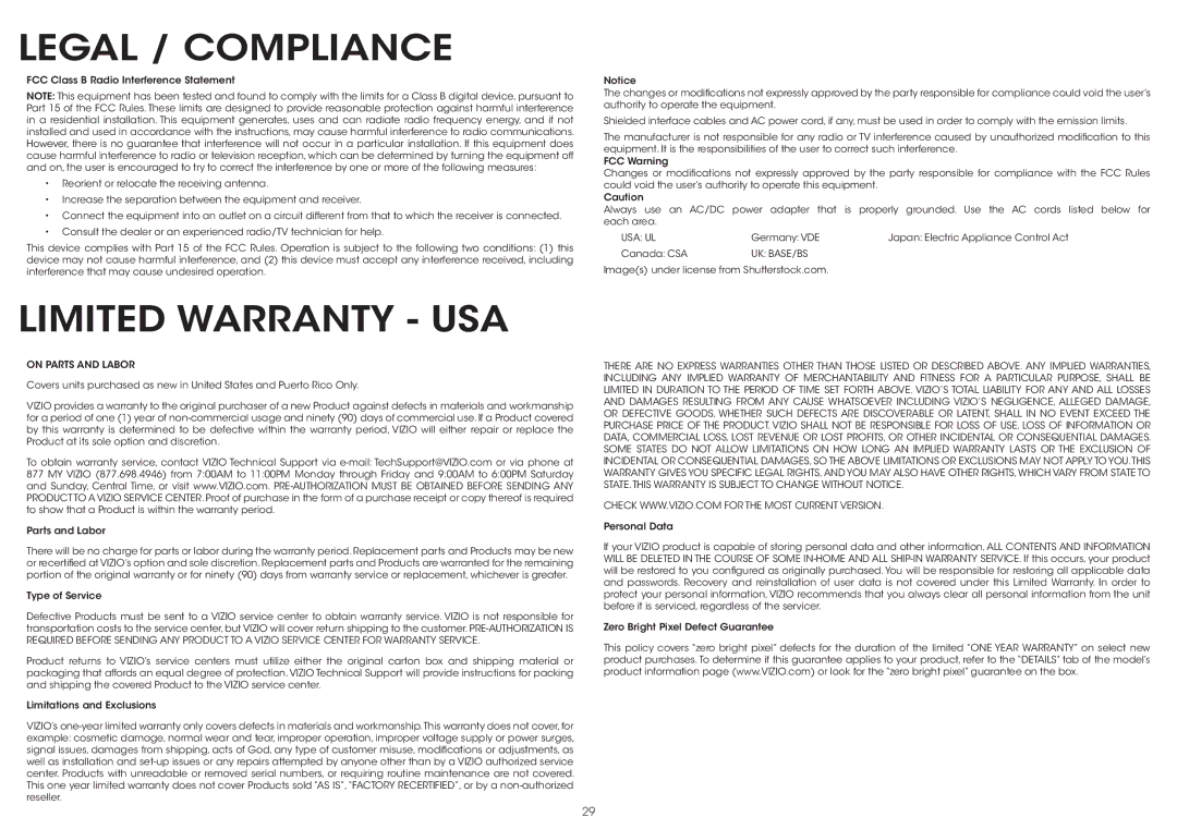 Vizio P602ui-B3, P702ui-B3 quick start Legal / Compliance, Limited Warranty USA 