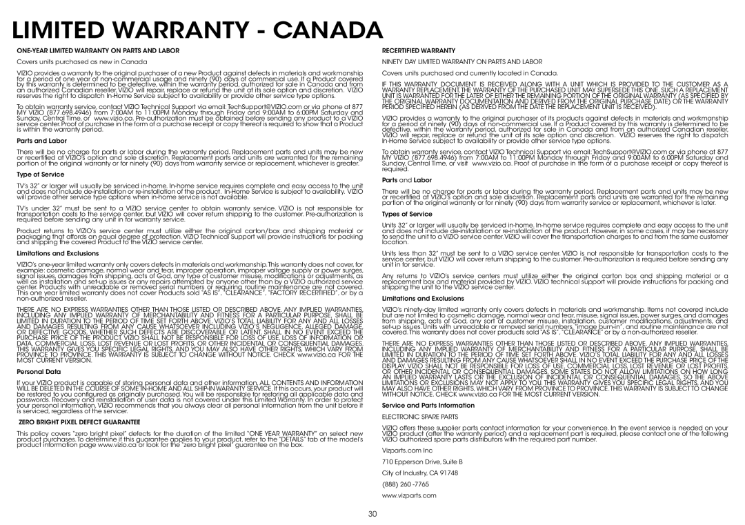 Vizio P702ui-B3, P602ui-B3 quick start Limited Warranty Canada, ONE-YEAR Limited Warranty on Parts and Labor 