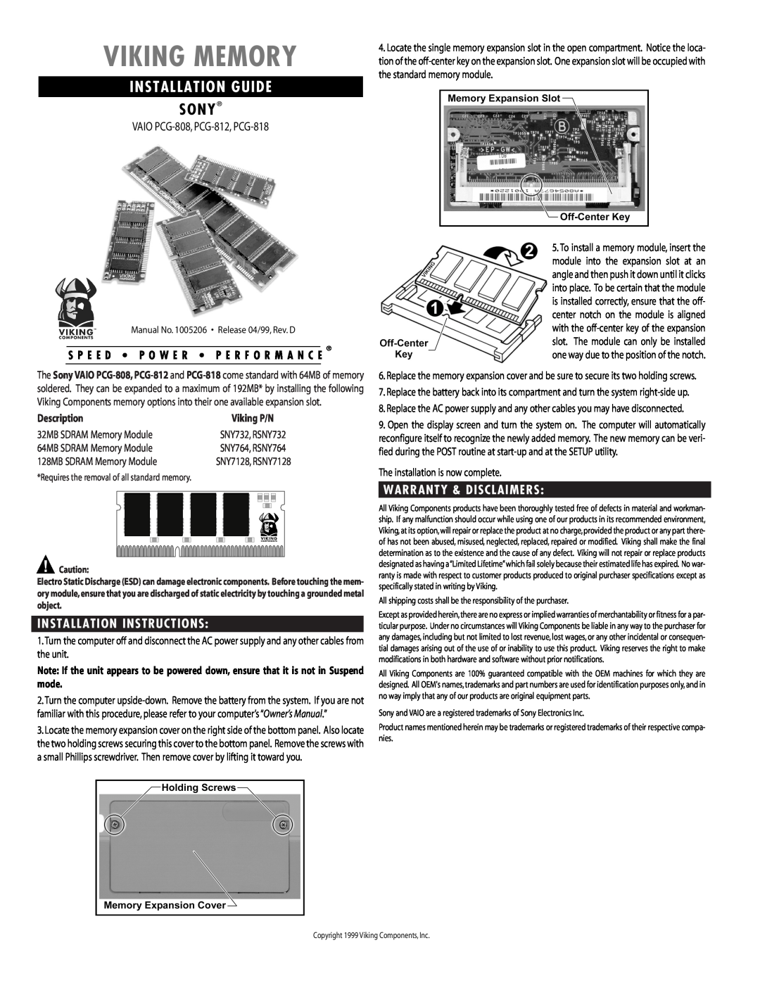 Vizio installation instructions Viking Memory, Installation Guide, Sony, VAIO PCG-808, PCG-812, PCG-818, Description 