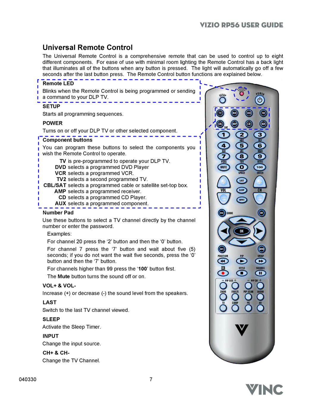 Vizio RP56 manual Universal Remote Control 