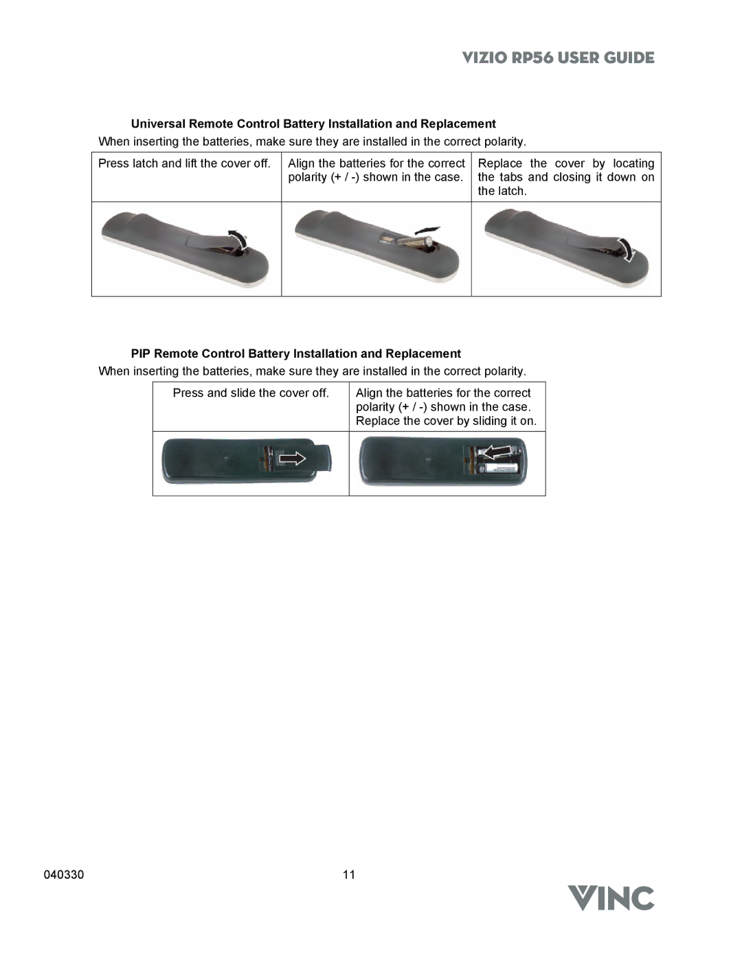 Vizio RP56 manual PIP Remote Control Battery Installation and Replacement 