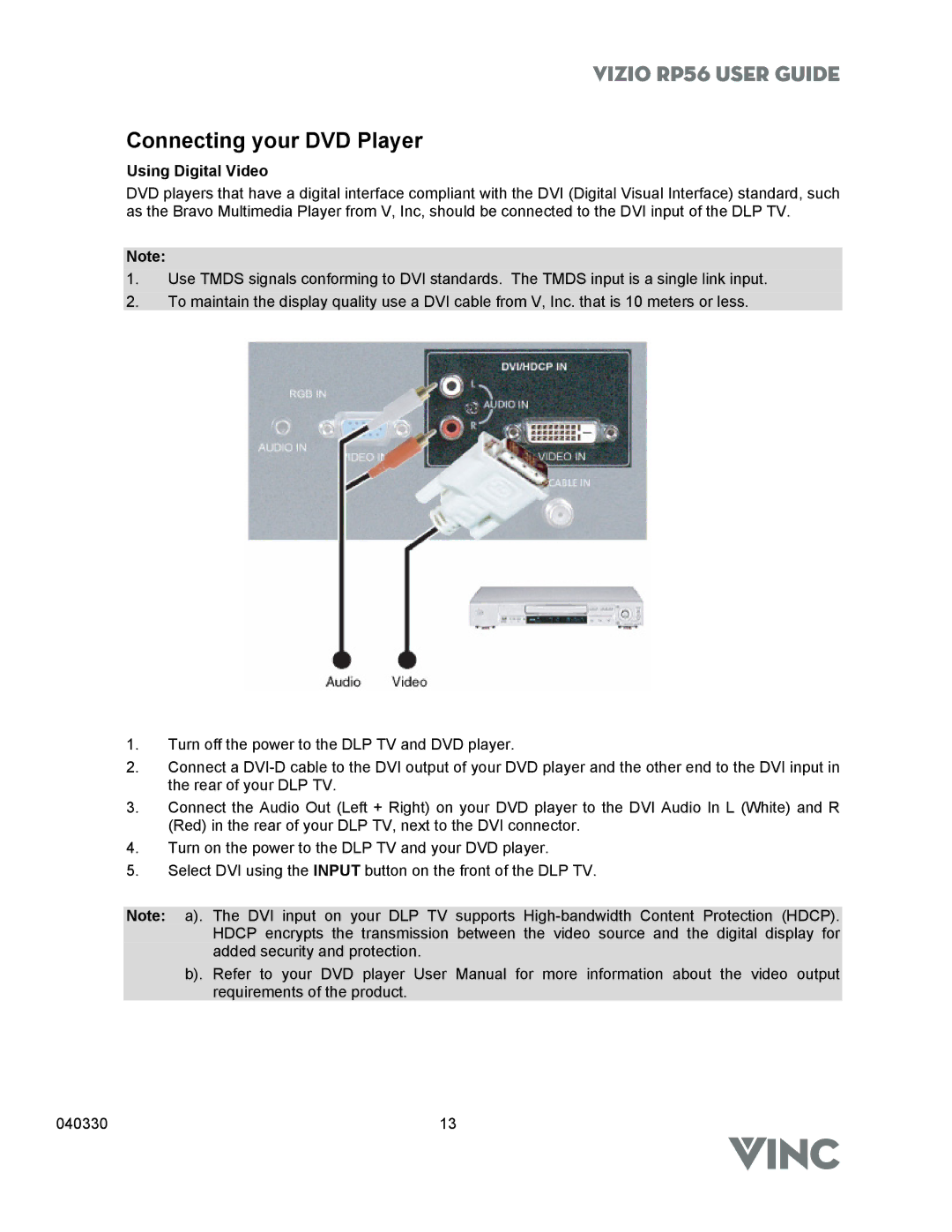 Vizio RP56 manual Connecting your DVD Player, Using Digital Video 