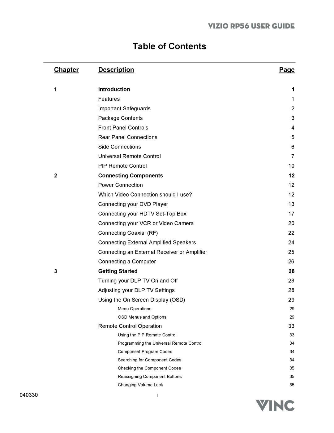 Vizio RP56 manual Table of Contents 