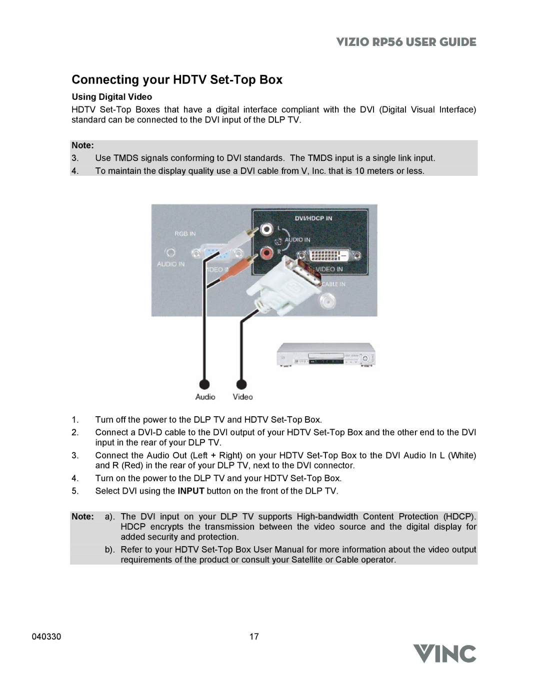 Vizio RP56 manual Connecting your Hdtv Set-Top Box, Using Digital Video 