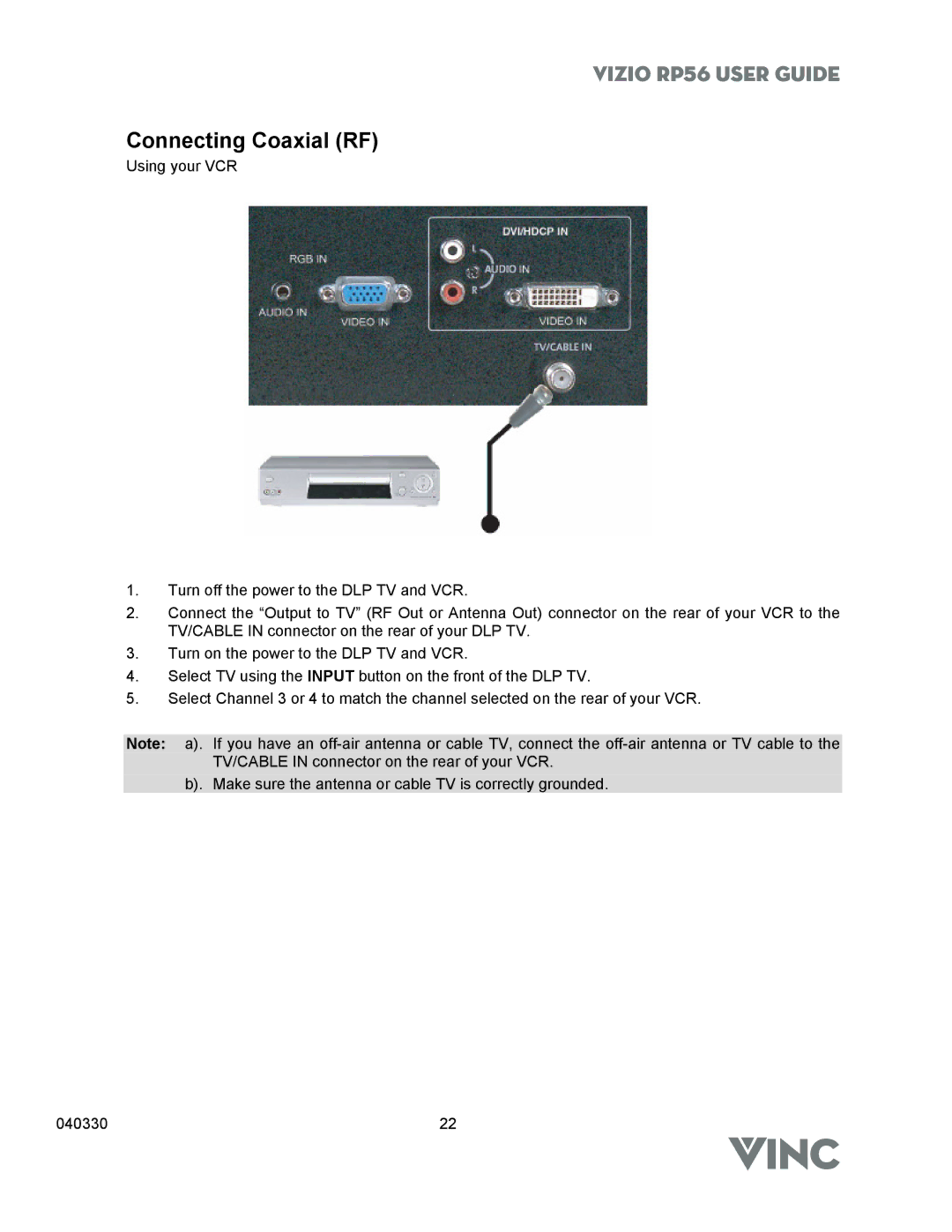 Vizio RP56 manual Connecting Coaxial RF 