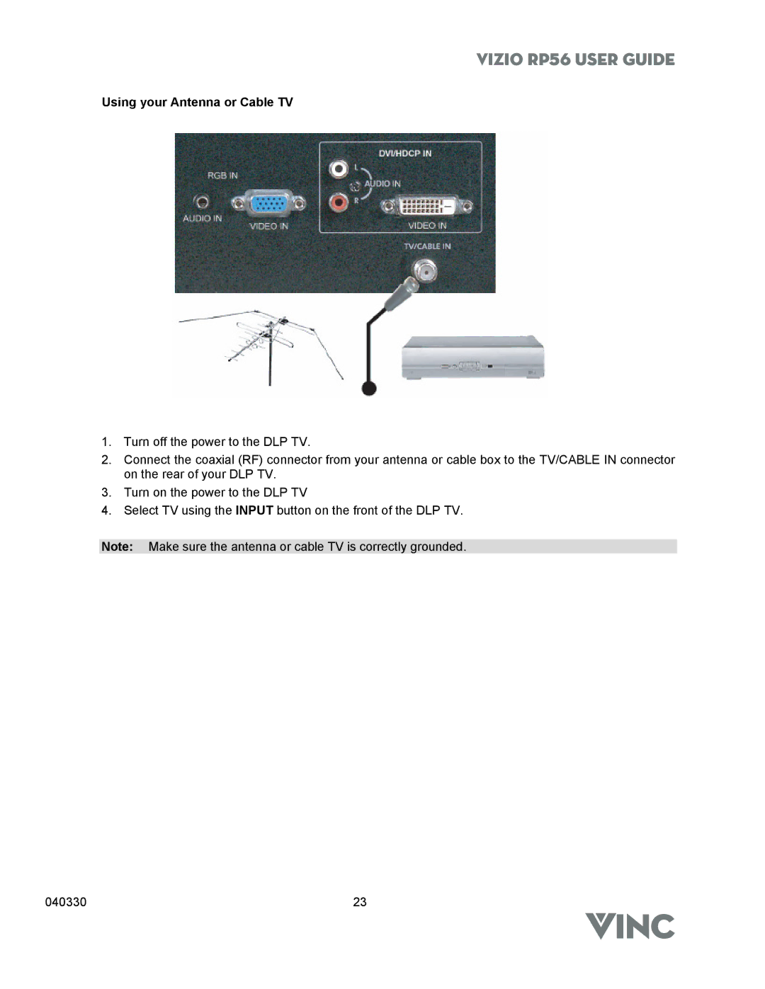 Vizio RP56 manual Using your Antenna or Cable TV 